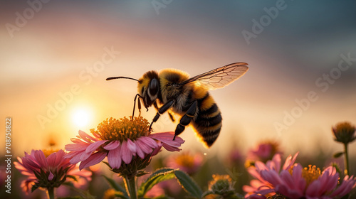 Abeja polinizando al atardecer en un campo de flores