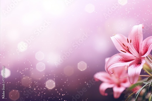 Pink lily on right side with magical bokeh background, ample copy space for text on left side