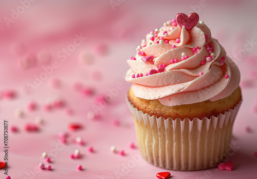 magdalena decorada con crema pastelera de fresa y virutas dulces rosas y un pequeño corazón rosa en su parte superior, sobre superficie rosa conteniendo más virutas dulces y corazones photo
