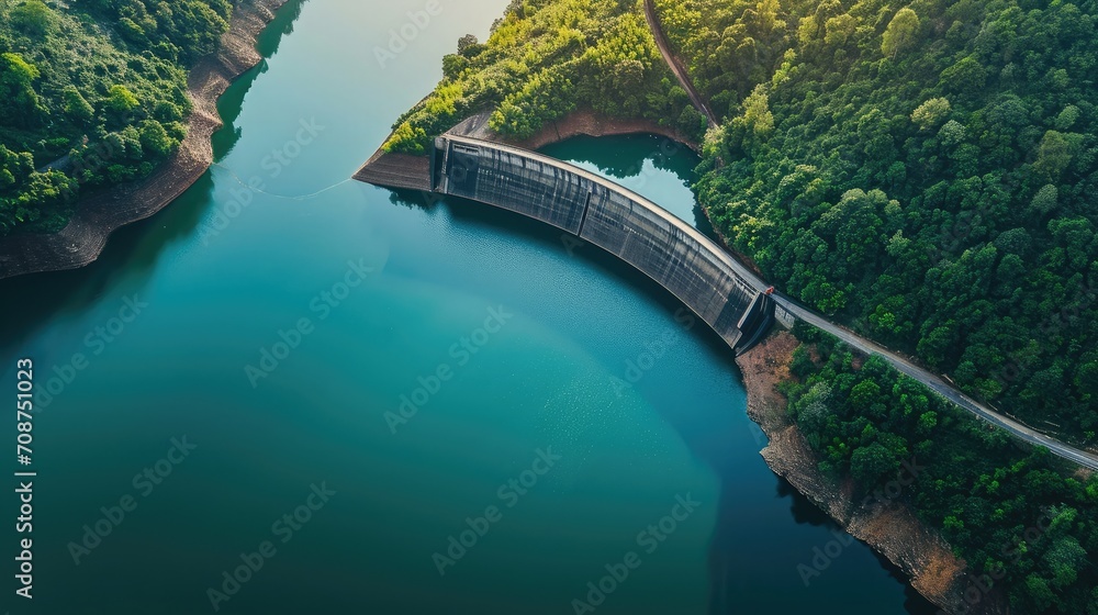 Fototapeta premium Water dam and reservoir lake aerial panoramic view