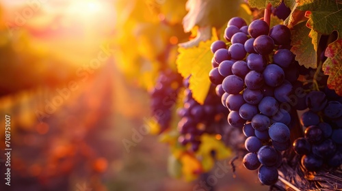 Vineyards at sunset in autumn harvest. Ripe grapes in fall.