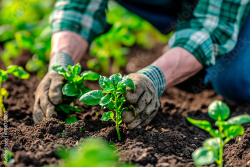 A farmer or gardener diligently planting young plants into the soil, symbolizing the onset of spring and the start of garden work.