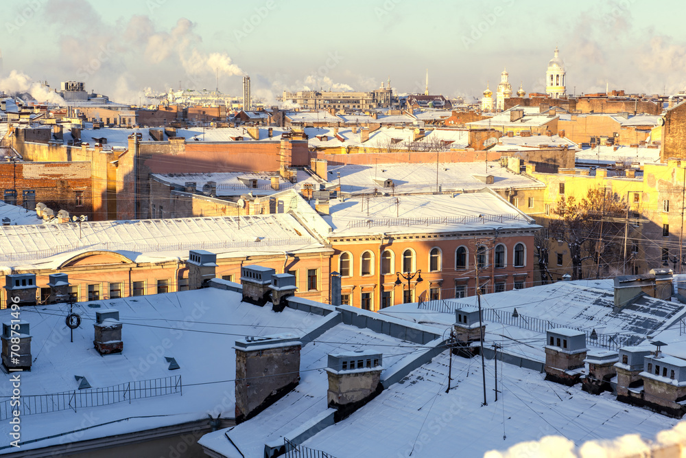 View from the roof of a building on the quadrangle of old houses of Saint-Petersburg, Russia