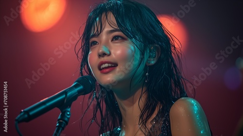 A female Japanese superstar singer on stage, holding a microphone and singing with great enthusiasm, facing perfectly straight ahead to the image. a radiant smile with attractive facial expressions
