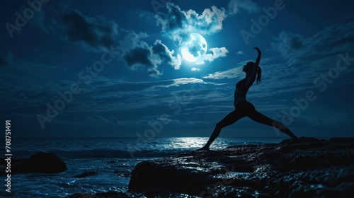  a woman doing a yoga pose on a rock by the ocean at night with a full moon in the sky above her and a body of water in the foreground.