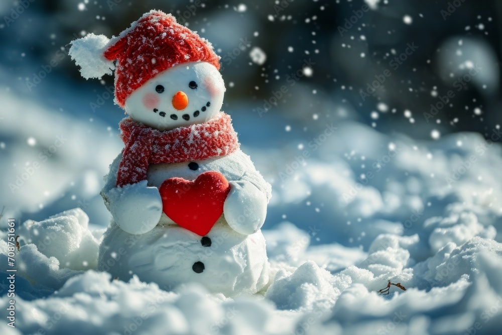Snowman with heart, Valentine's day concept. Background with selective focus and copy space