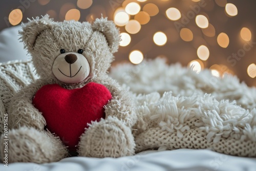 Teddy bear with a heart. Background with selective focus and copy space