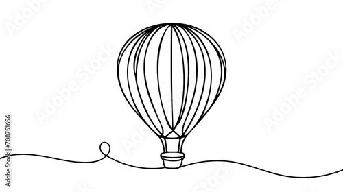 Hot air balloon in One continuous line drawing. Travel flying on aerostat in sky logo.