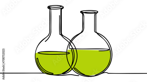 Two neck round bottom flask one line continuous drawing. Laboratory glass equipment continuous one line illustration.