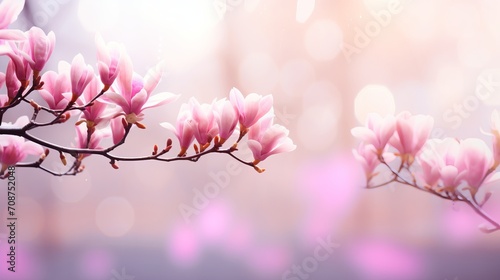 Pink magnolia on isolated magical bokeh background with copy space for text on left side
