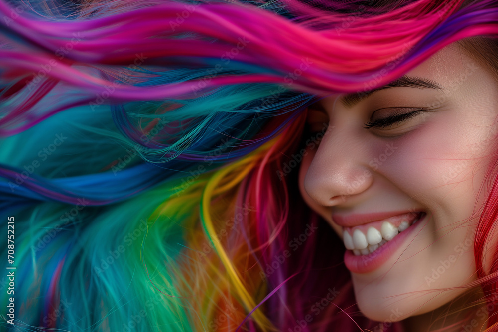 Happy Smiling Young Adult. young woman with colored hair, Dreamy young woman with long rainbow colored hair. Beauty fashion. laughing cute girl with rainbow colored hairHappy Smiling Young Adult. youn Happy Smiling Young Adult. young woman with colored hair, Dreamy young woman with long rainbow colored hair. Beauty fashion. laughing cute girl with rainbow colored hairHappy Smiling Young Adult. youn