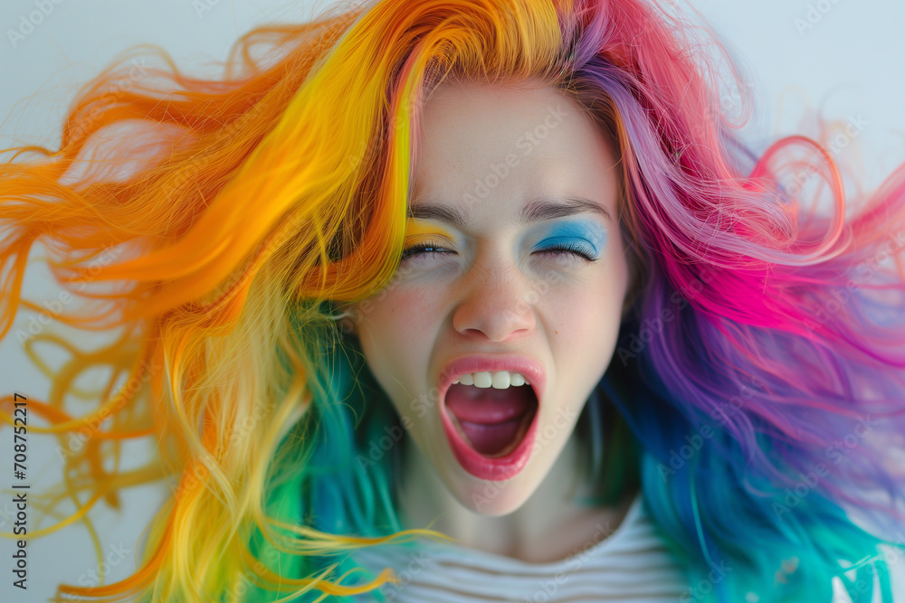 young woman with colored hair, Believing in Shock. Amazed Young Woman with Pink Hair Staring in Horror at Camera with Opened Eyes and Mouth. Young woman with colourful dyed hair, screaming or shouting