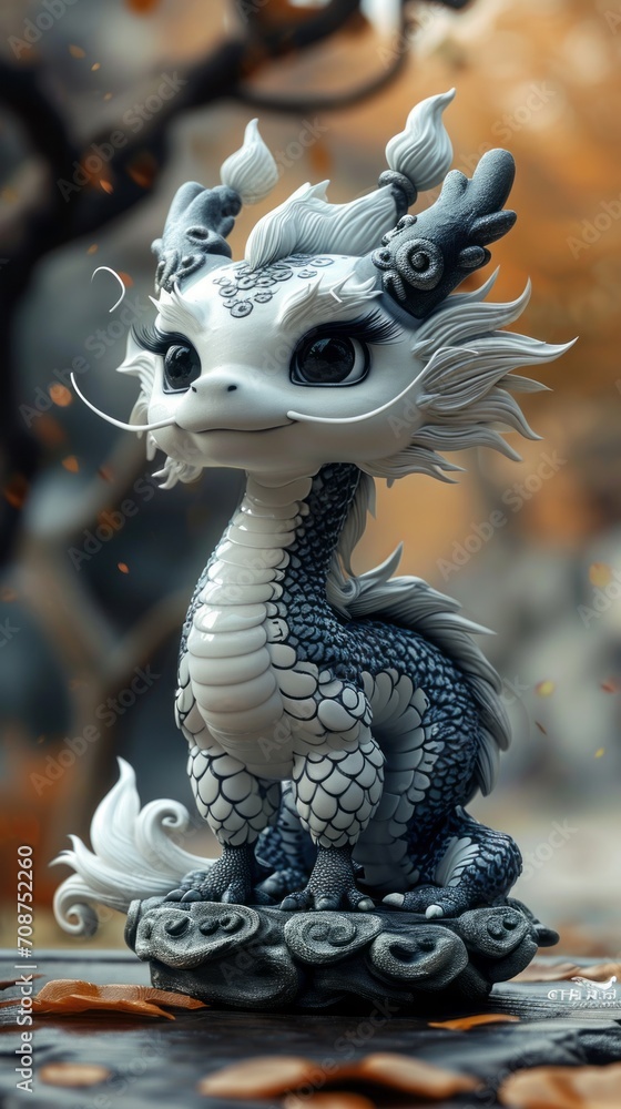 3D Chinese white cute dragon,four legs,ink artistic conception, abstract simple thick lines, Black color, white background, strong light sense