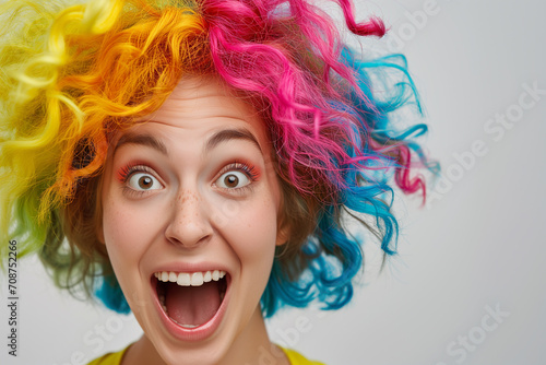 Happy Smiling Young Adult. young woman with colored hair, Dreamy young woman with long rainbow colored hair. Beauty fashion. laughing cute girl with rainbow colored hair