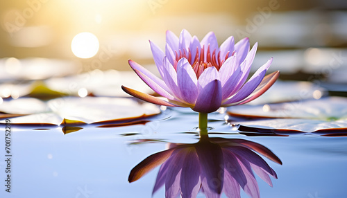 Vibrant lotus flower floating on tranquil pond generated by AI