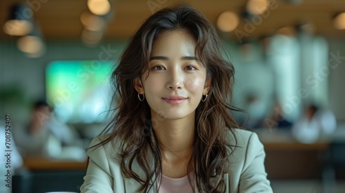 Korean girl, news anchor, half body, sitting with white suit and pink t-shirt , brown long hair, unique beauty, thin face photo