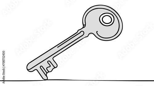 Single old key drawing in style of one continuous line black color. Self drawing