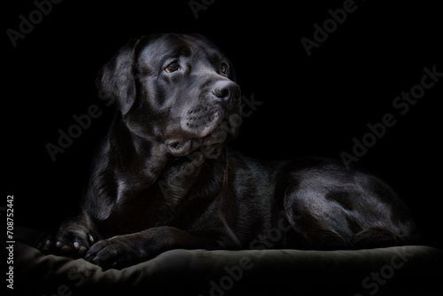 Lying dog of the black labrador breed on a dark background