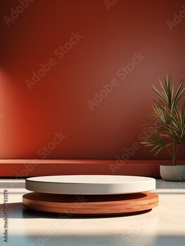 Wallpaper Mural Composition with modern product empty podium, minimalism. Composition with Cylinder Podium or Stand on Red Background for Product Display Torontodigital.ca