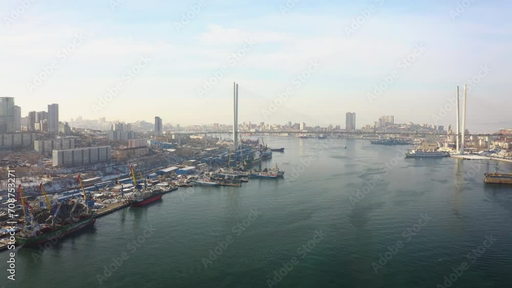 Panoramic aerial view of the Golden Horn Bay, piers and the Golden Bridge Panoramic aerial view of the Golden Horn Bay, piers and the Golden Bridge