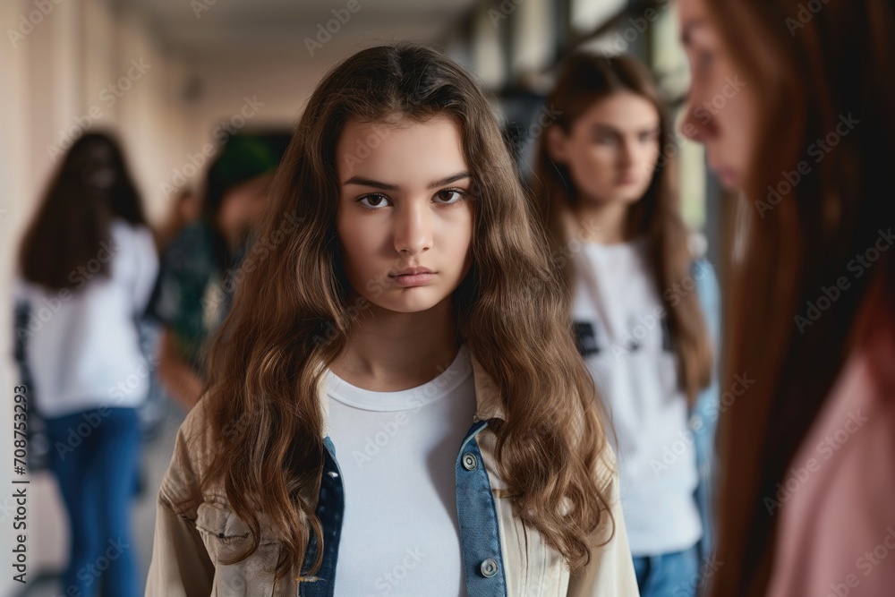 Sad pretty teenage girl looking at the camera at her school - obrazy, fototapety, plakaty 