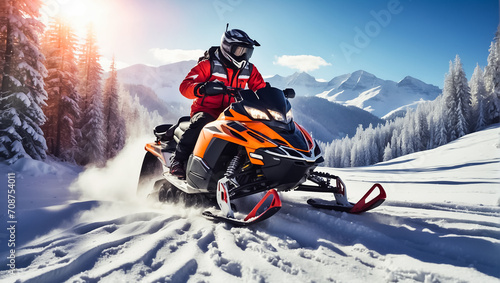 Racers ride a snowmobile in a winter suit in a beautiful magnificent snowy forest, mountains © tanya78