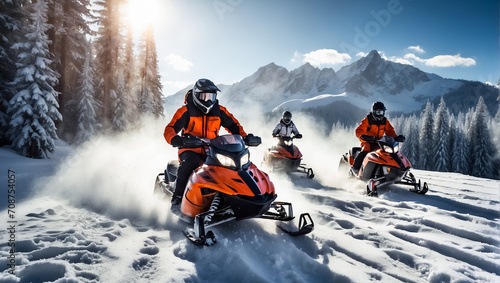 Racers ride a snowmobile in a winter suit in a beautiful magnificent snowy forest, mountains power © tanya78