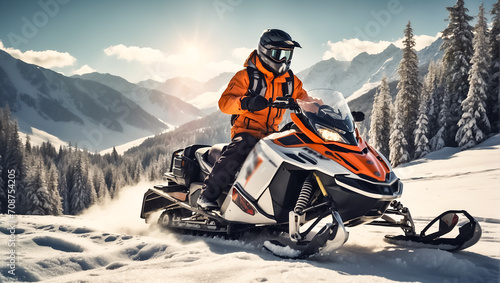 Racers ride a snowmobile in a winter suit in a beautiful magnificent snowy forest, mountains snowy © tanya78