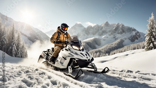 Racers ride a snowmobile in a winter suit in a beautiful magnificent snowy forest, mountains active