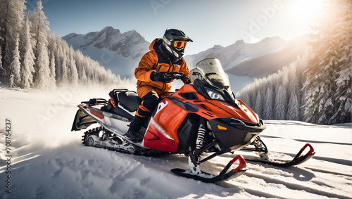 Racers ride a snowmobile in a winter suit in a beautiful magnificent snowy forest, mountains sport © tanya78