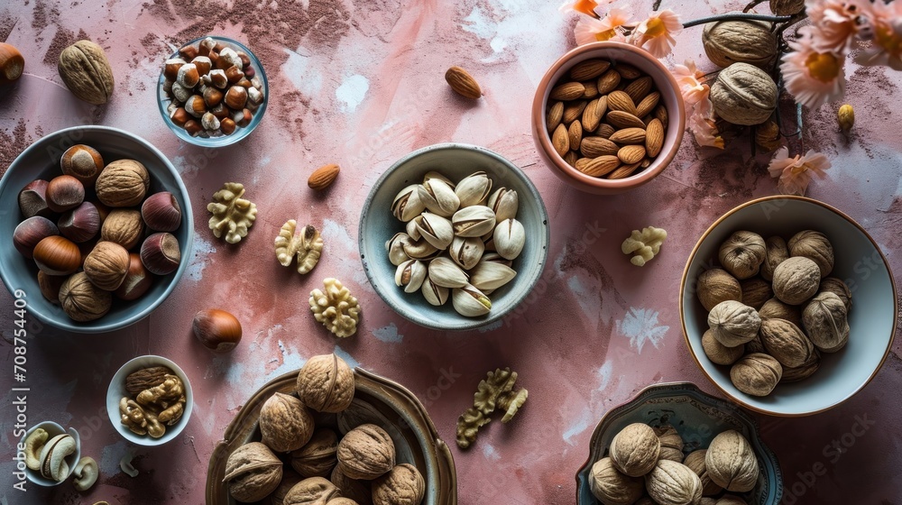 a table topped with bowls of nuts next to a bowl of walnuts and a bowl of walnuts next to a bowl of walnuts and a bowl of walnuts. a table topped with bowls of nuts next to a bowl of walnuts and a bowl of walnuts next to a bowl of walnuts and a bowl of walnuts.