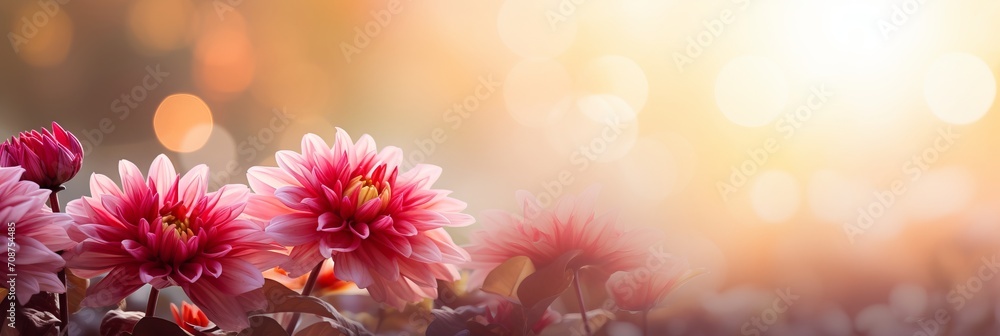 Red chrysanthemum on isolated magical bokeh background with spacious text placement on the left