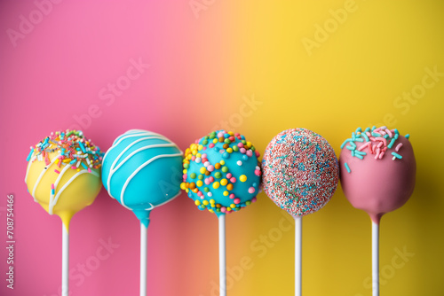 details with cake pops with selective focus. Close-up of ice cream against pink background. Cake pop - Various colors with color ball sprinkles. Delicious cake pops nicely decorated for an elegant wed © Nataliia_Trushchenko