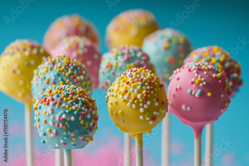 details with cake pops with selective focus. Close-up of ice cream against pink background. Cake pop - Various colors with color ball sprinkles. Delicious cake pops nicely decorated for an elegant wed © Nataliia_Trushchenko