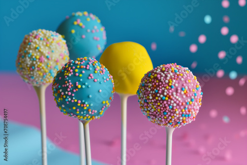 details with cake pops with selective focus. Close-up of ice cream against pink background. Cake pop - Various colors with color ball sprinkles. Delicious cake pops nicely decorated for an elegant wed