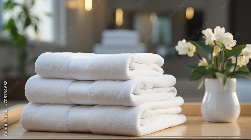 Stack of white towels on the table in the room for relaxation. Concept of spa and relaxation