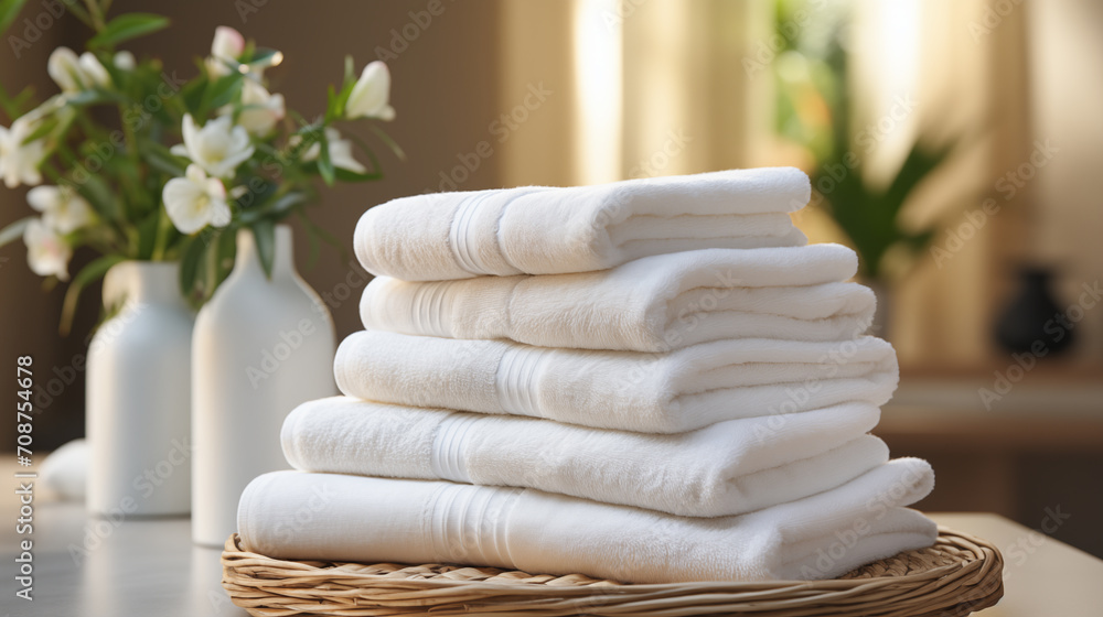 Stack of white towels on the table in the room for relaxation. Concept of spa and relaxation Stack of white towels on the table in the room for relaxation. Concept of spa and relaxation