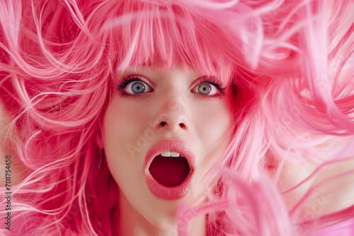 Portrait of a beautiful excited young woman with pink hair on a pink background. Suprised woman with a pink hair. Shocked girl portrait. Believing in Shock. Amazed Young Woman with Pink Hair Staring i