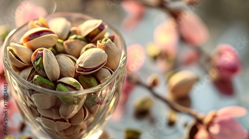  a glass filled with lots of nuts sitting on top of a table next to a branch with pink flowers in blooming branches in front of a blurry background.