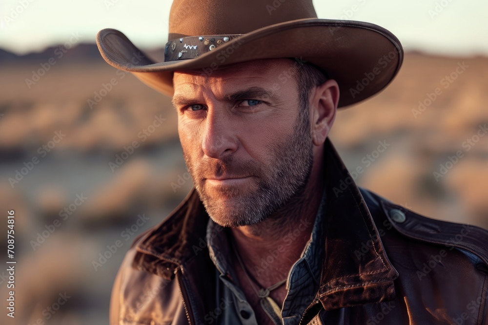 Close-up studio portrait of a man with a rugged, cowboy look, wearing a hat and leather jacket, isolated on a desert background Close-up studio portrait of a man with a rugged, cowboy look, wearing a hat and leather jacket, isolated on a desert background