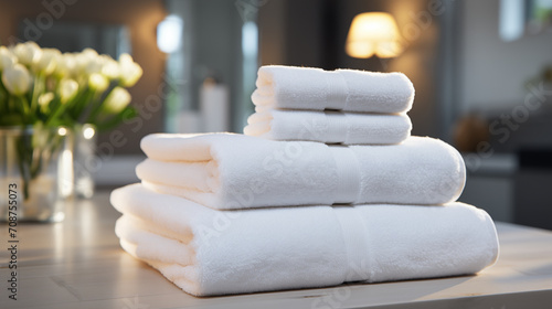Stack of white towels on the table in the room for relaxation. Concept of spa and relaxation
