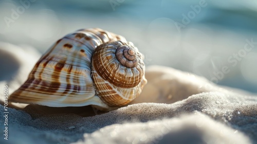  a close up of a sea shell on a sandy beach with a blurry background of water and sand in the foreground and a soft focus on the foreground.