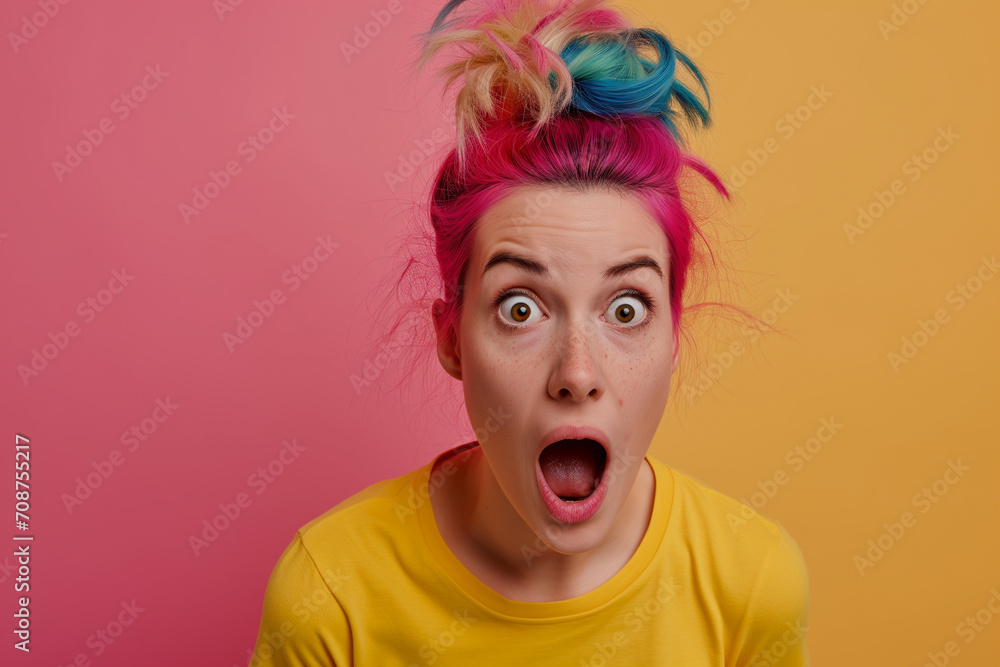 young woman with colored hair, Believing in Shock. Amazed Young Woman with Pink Hair Staring in Horror at Camera with Opened Eyes and Mouth. Young woman with colourful dyed hair, screaming 