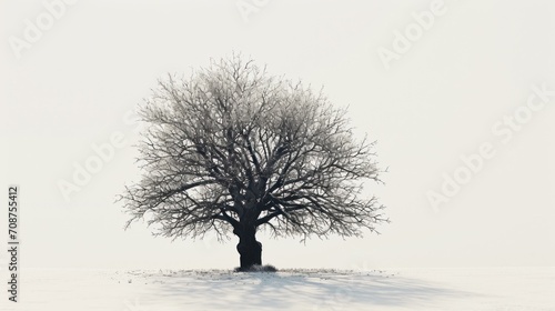  a black and white photo of a tree with no leaves on a snow covered field with a white sky in the background and a light dustin of snow on the ground. photo