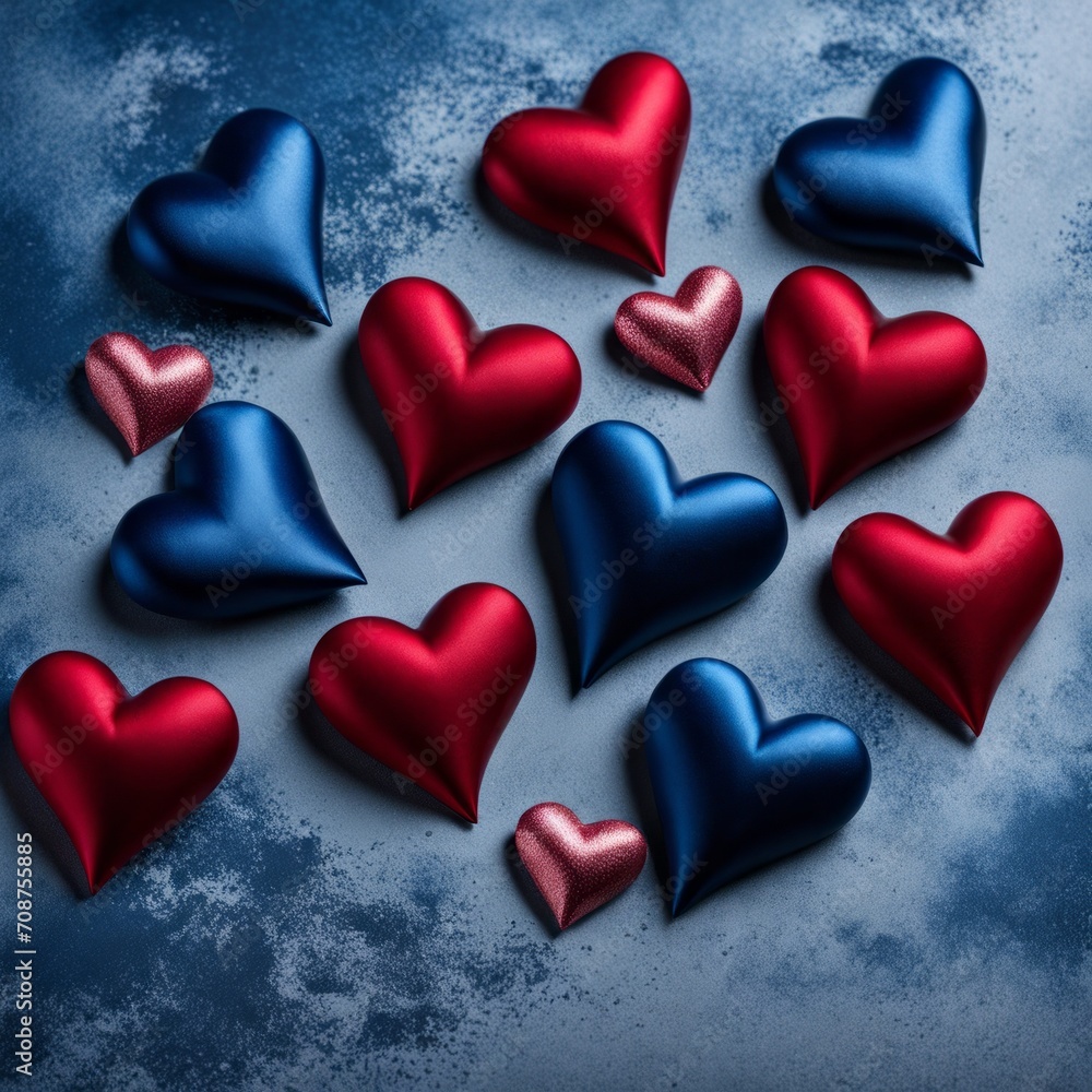 Blue and Red silk hearts on a Blue color background Blue and Red silk hearts on a Blue color background
