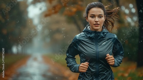 Young athletic woman running in the rain