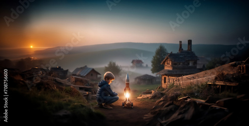 child plays and builds a rocket spaceship in the village. Children's creative thinking photo