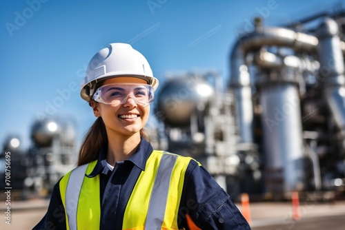Smiling woman wearing hard hat and safety glasses at industrial site