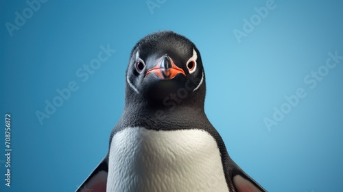  a close up of a penguin on a blue background with a black and white head and a black and white beak with a red spot on it's face. photo