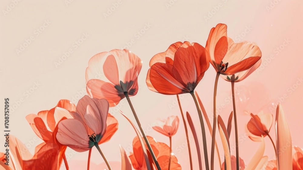  a close up of a bunch of flowers on a white and pink background with a pink sky in the background and a few pink and orange flowers in the foreground.